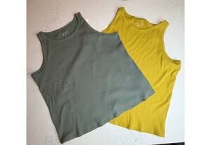 Candace Cameron Bure 2X Plus Ribbed Tank Top Set NEW Sage Green Yellow Soft Knit